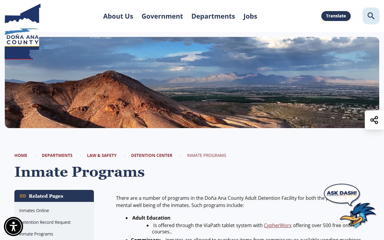 Do&ntilde;a Ana County Detention Center inmate programs screenshot