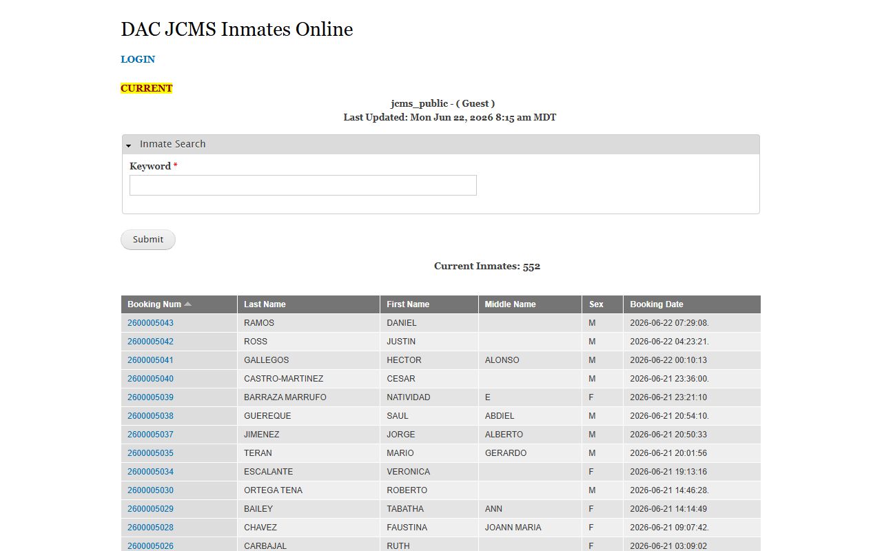 Doña Ana County inmate population roster search on DAC JCMS Inmates Online