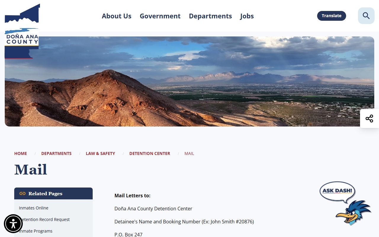 Do&ntilde;a Ana County Detention Center mail and money rules screenshot