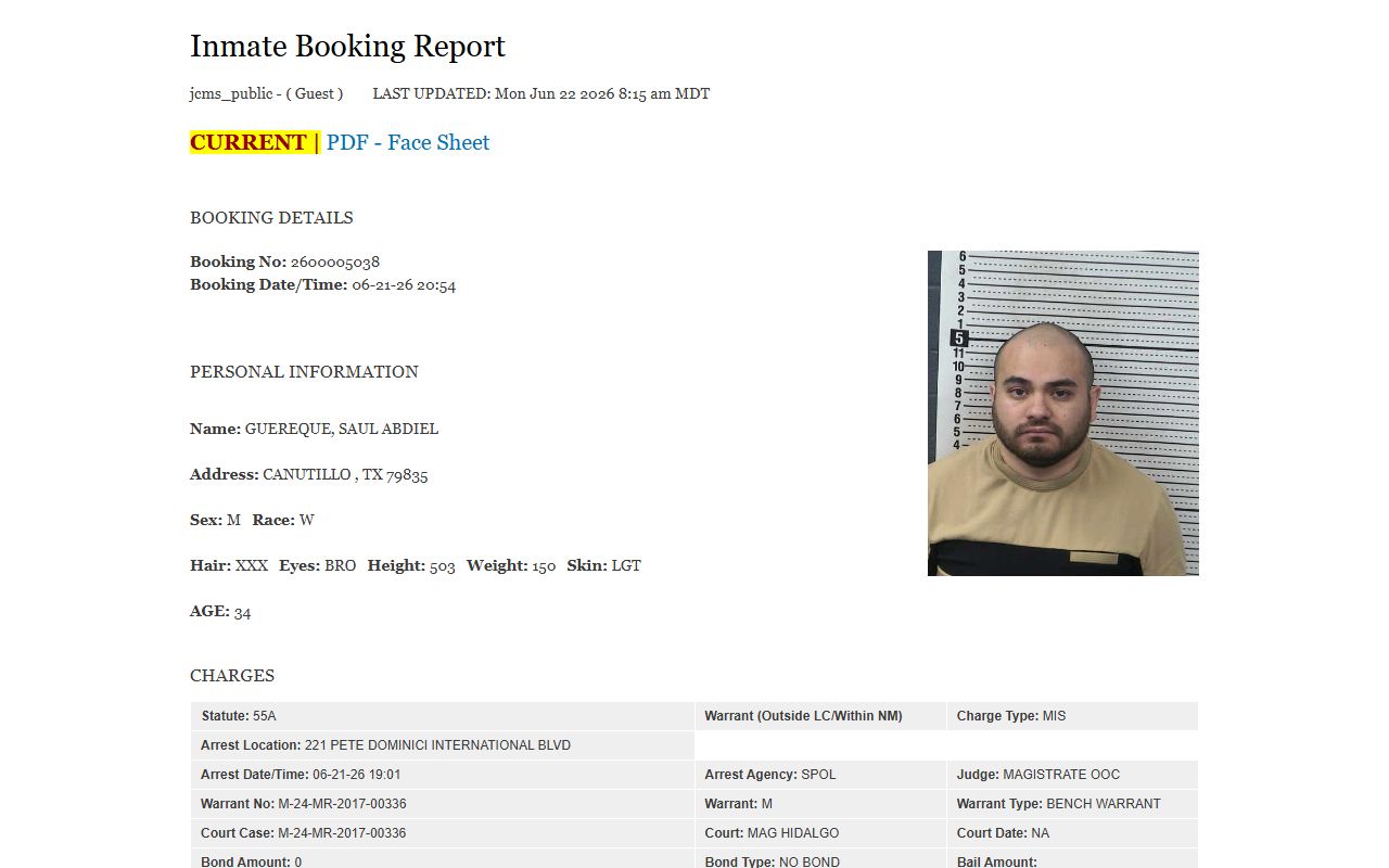 Doña Ana County inmate record booking profile with mugshot and charge fields